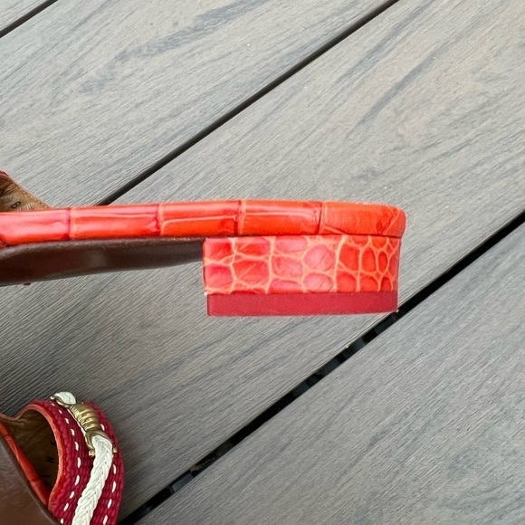 Salvatore Ferragamo red orange T strap rope crock embossed leather sandals 7.5 - Picture 10 of 16